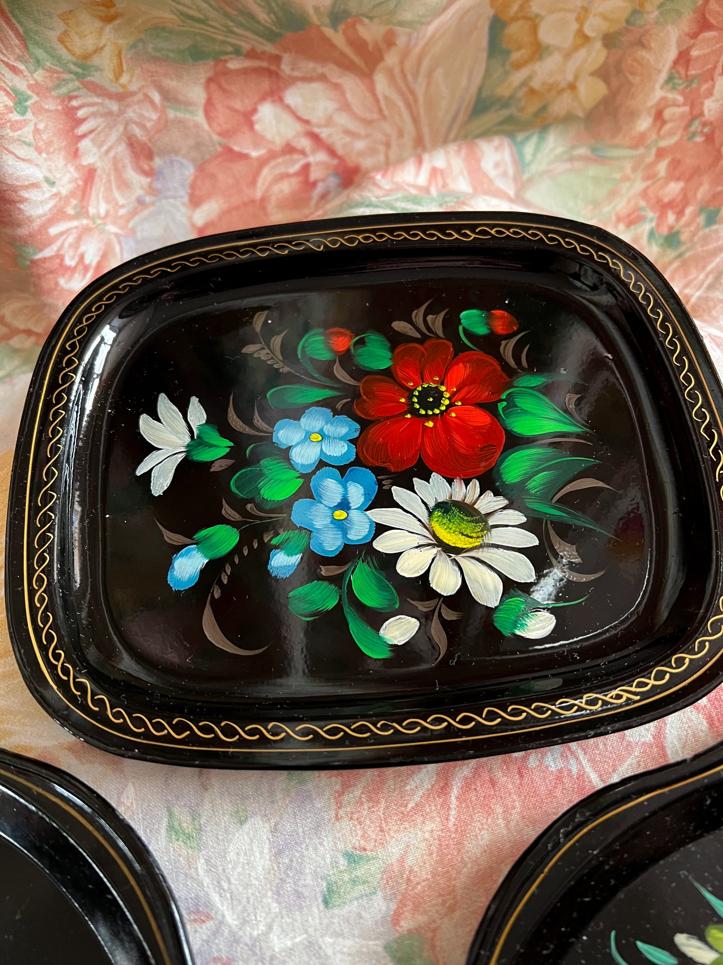 Set of three vintage folk art trays