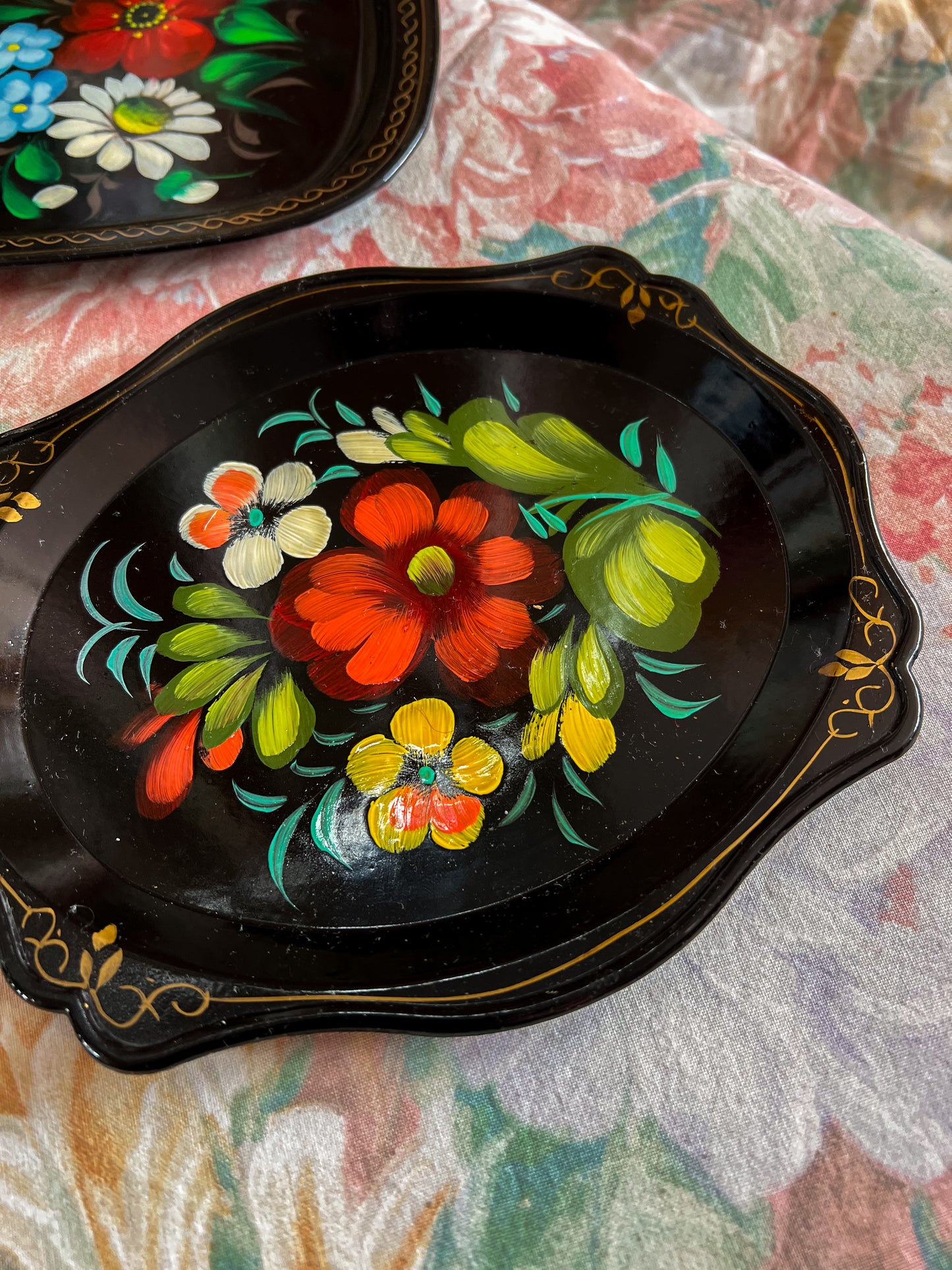 Set of three vintage folk art trays