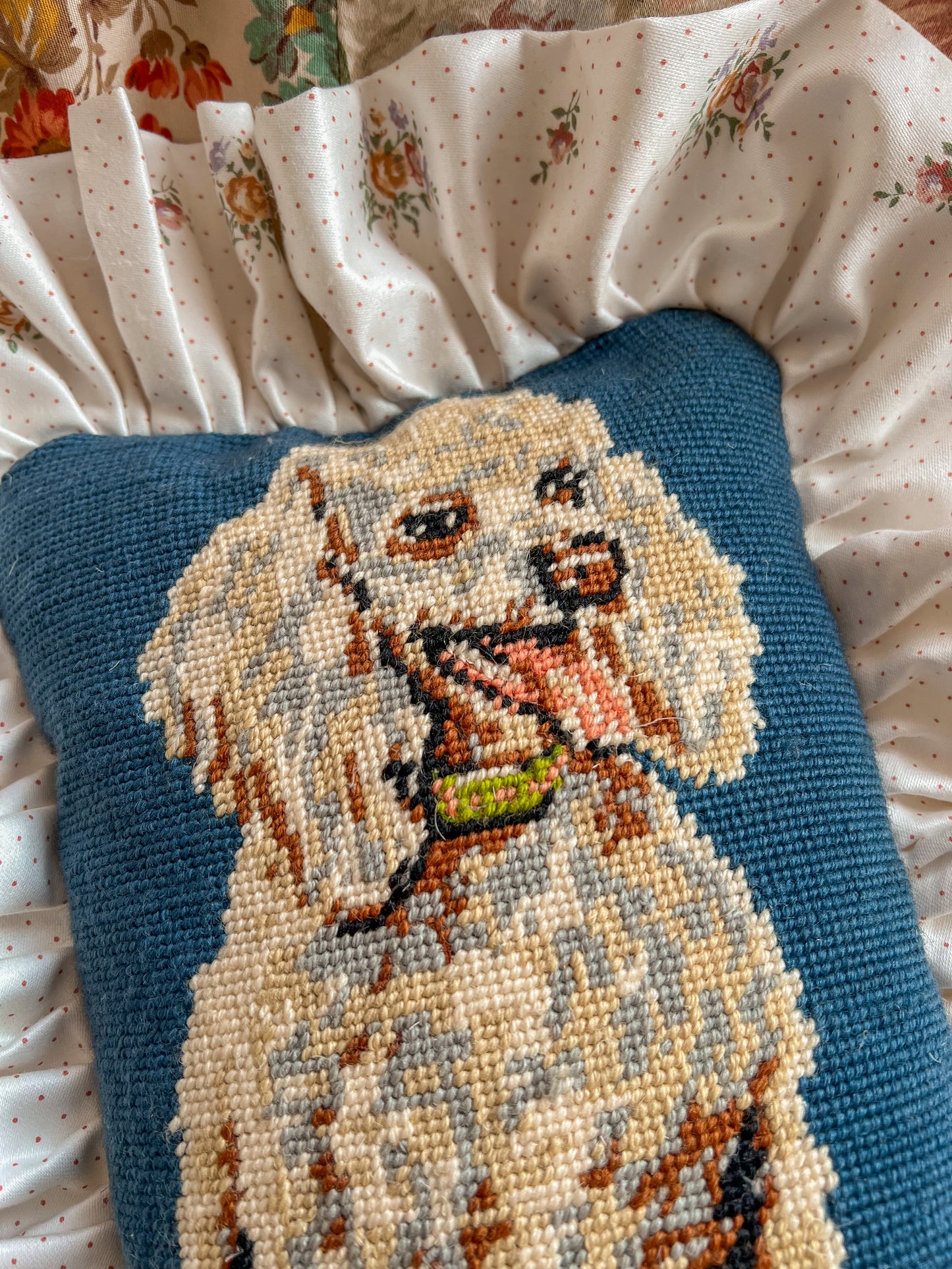 Vintage hand stitched French needlepoint frill cushion.