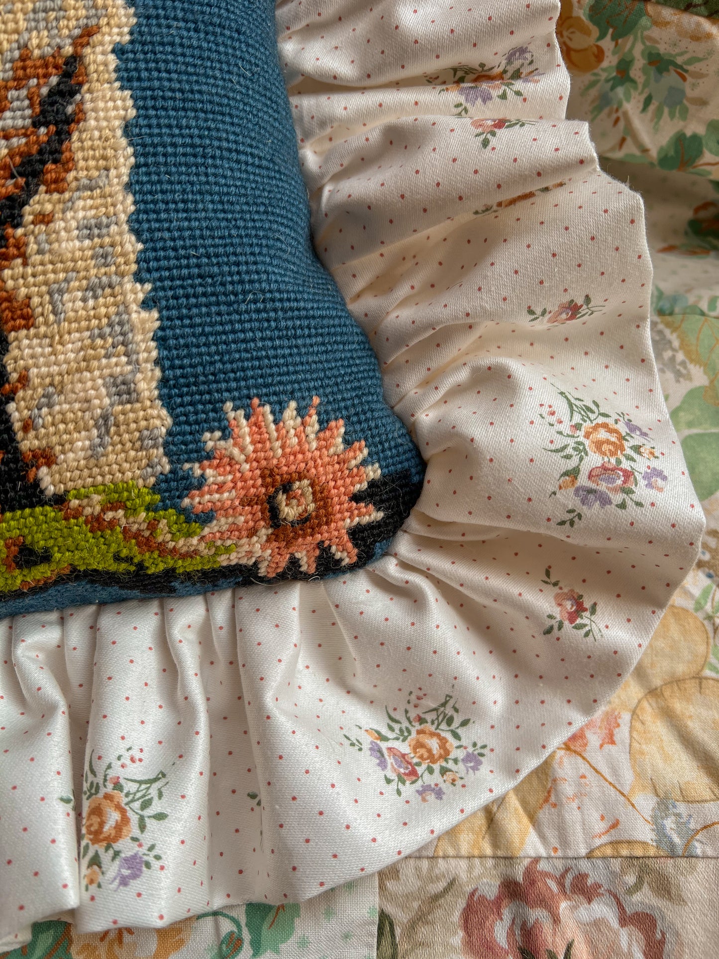 Vintage hand stitched French needlepoint frill cushion.