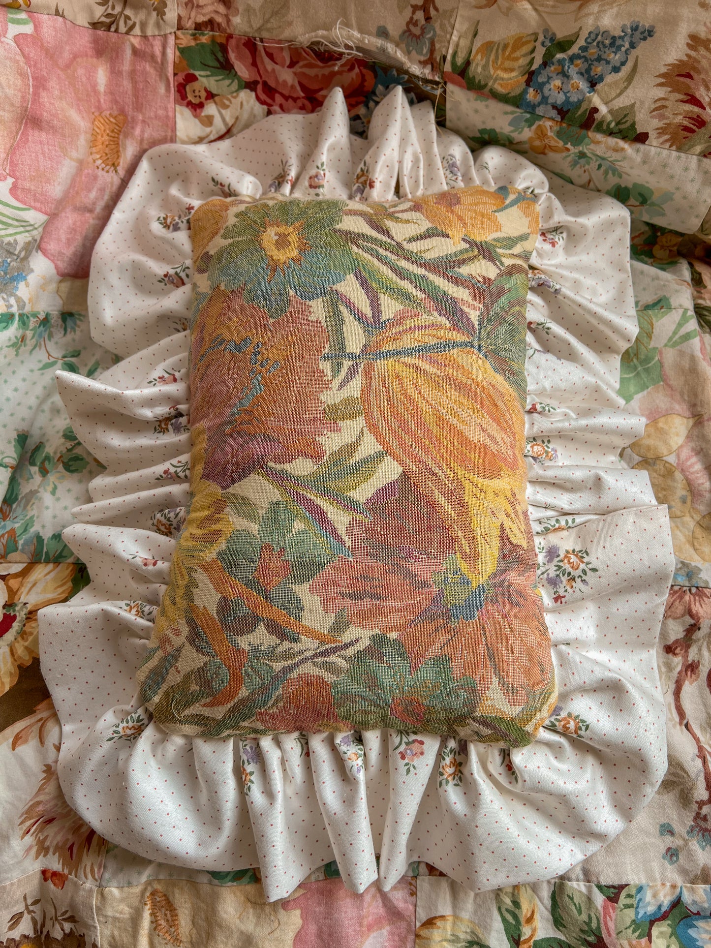Vintage hand stitched French needlepoint frill cushion.