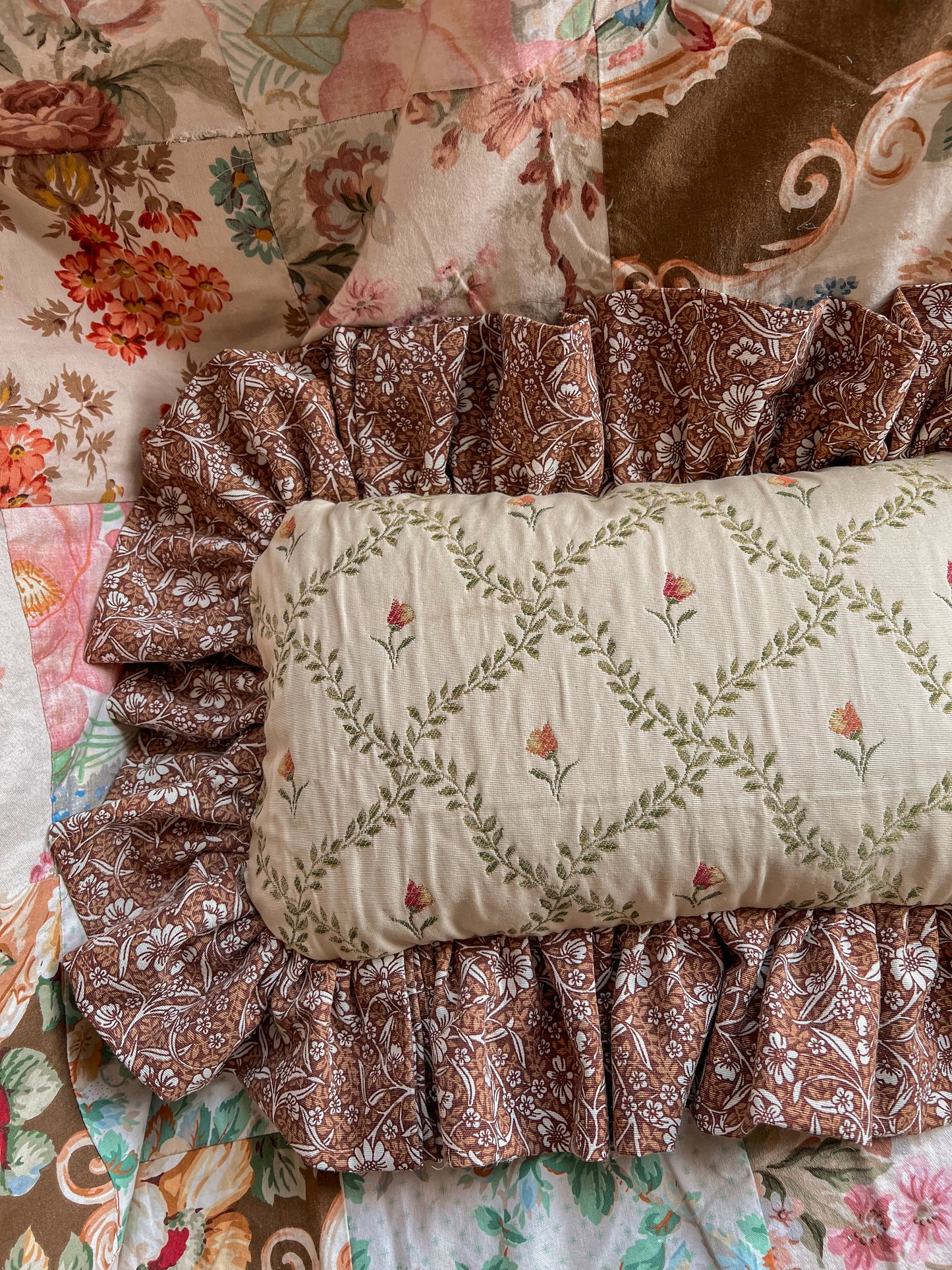 Vintage cottage needlepoint frill cushion.