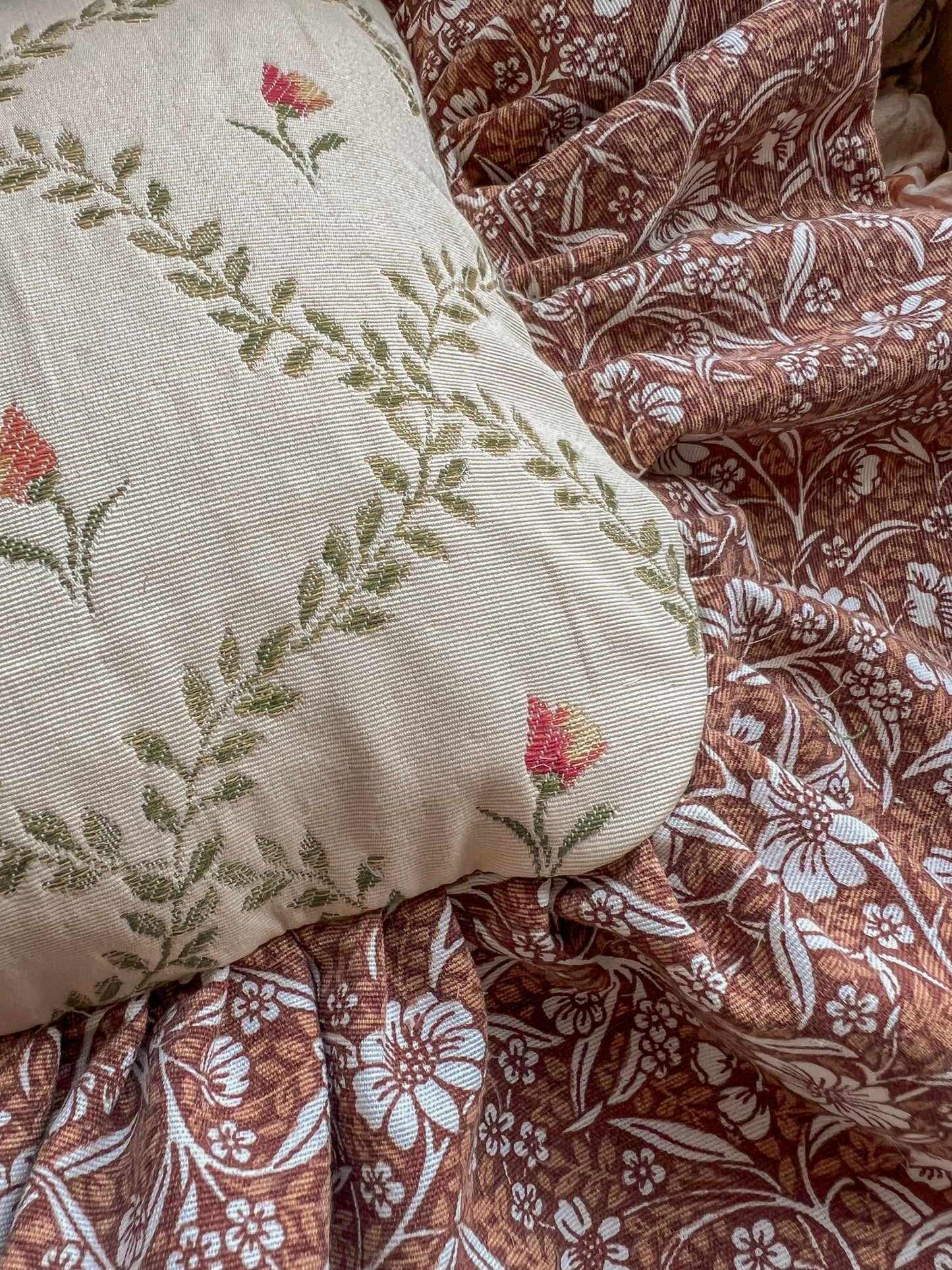 Vintage cottage needlepoint frill cushion.