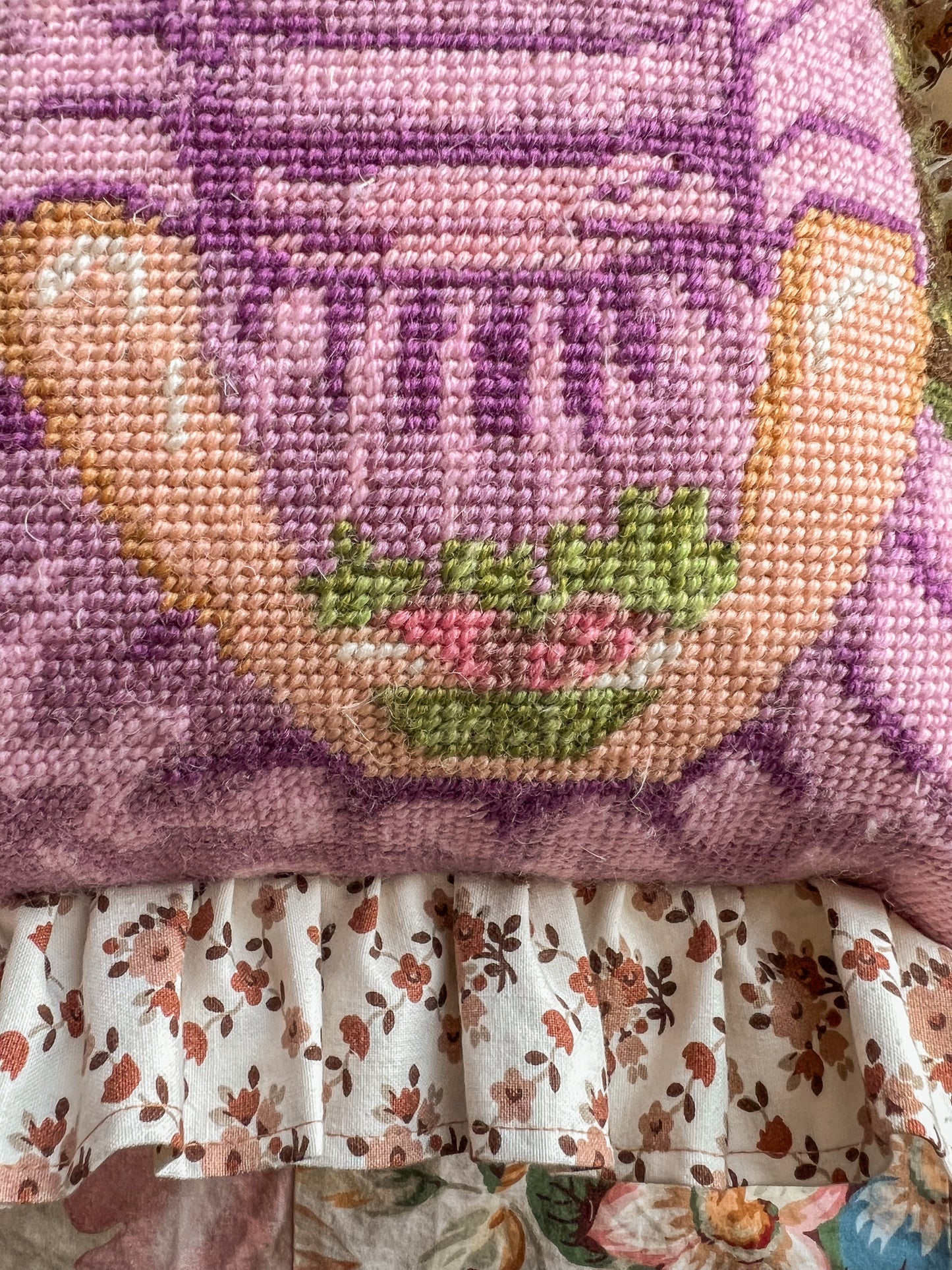 Vintage hand stitched needlepoint frill cushion.