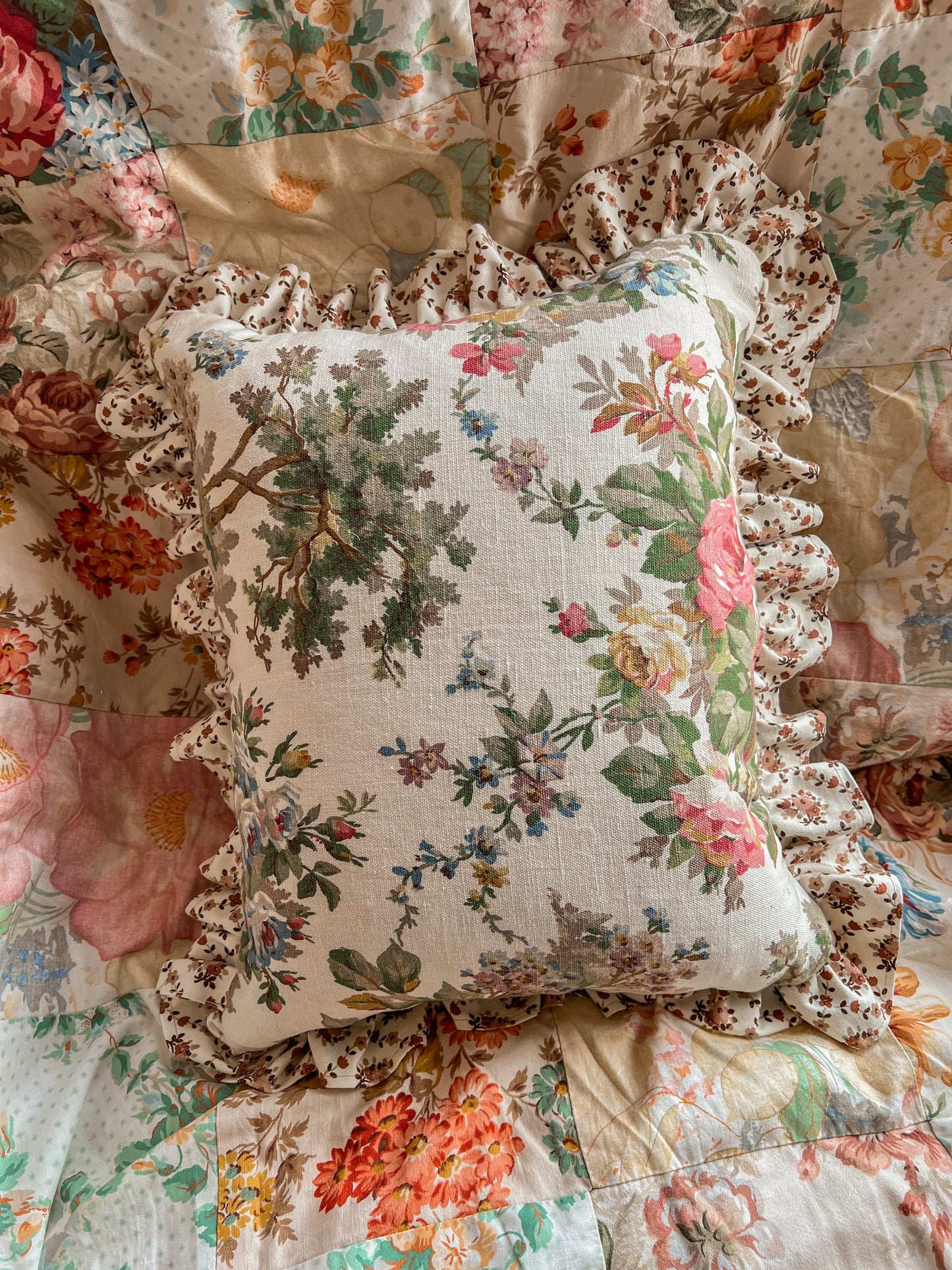 Vintage hand stitched needlepoint frill cushion.