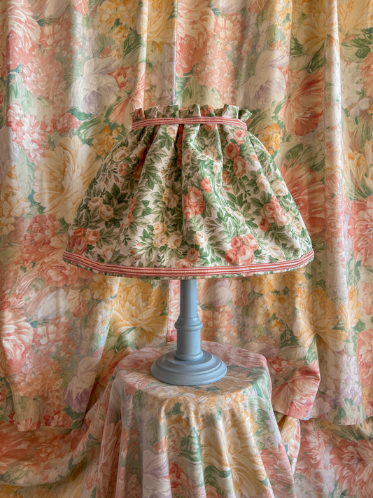 A hand stitched cottagecore lampshade, with base.