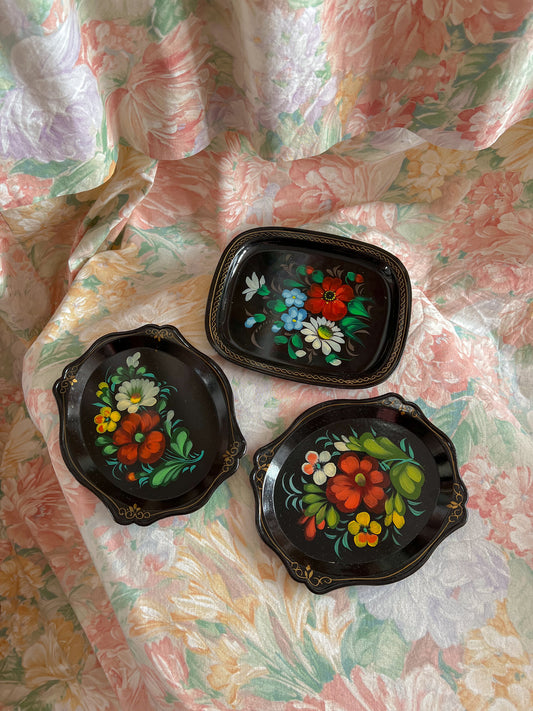 Set of three vintage folk art trays