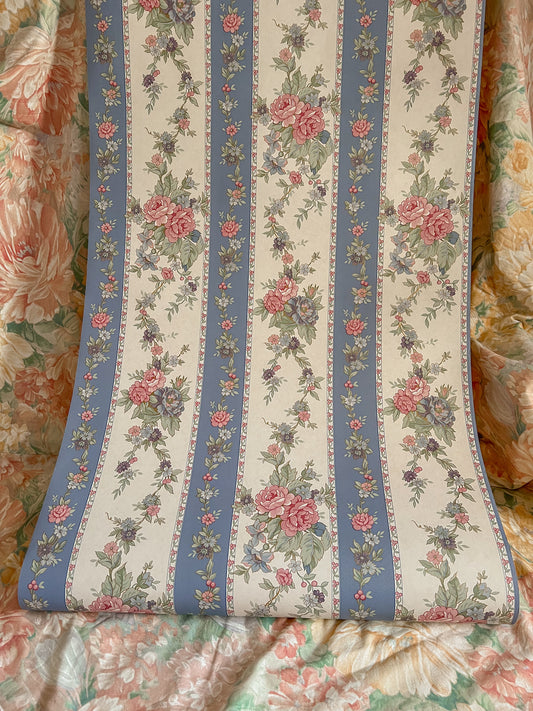 Vintage powder blue and pink stripe wallpaper.