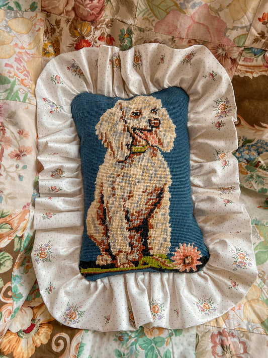 Vintage hand stitched French needlepoint frill cushion.
