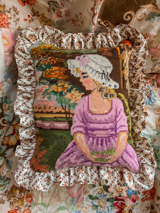 Vintage hand stitched needlepoint frill cushion.