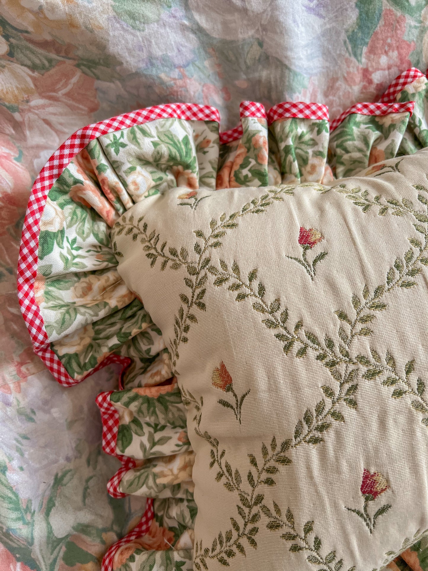 Hand stitched thatched cottage frill cushion.