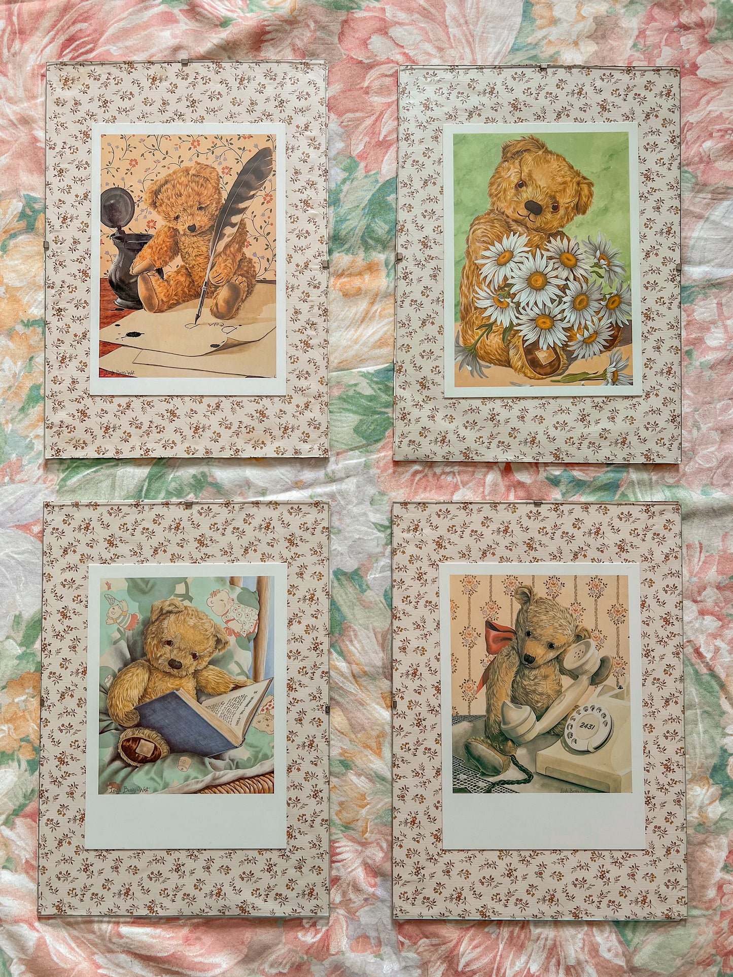 Set of four vintage teddy bear wall hangings.
