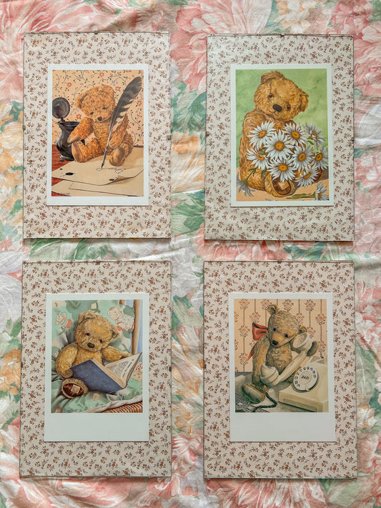 Set of four vintage teddy bear wall hangings.