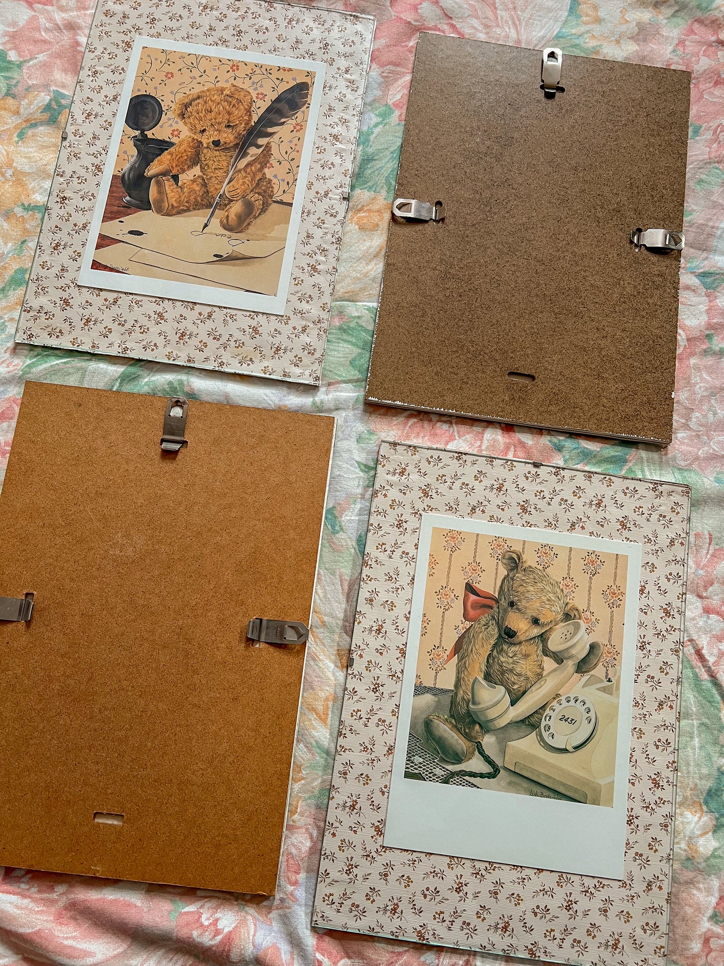 Set of four vintage teddy bear wall hangings.