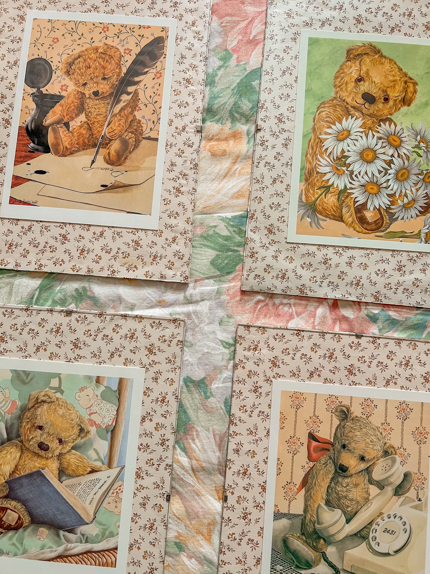 Set of four vintage teddy bear wall hangings.